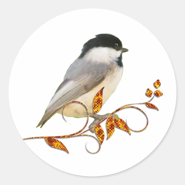 Chickadee on Jeweled Leaves Classic Round Sticker (Front)