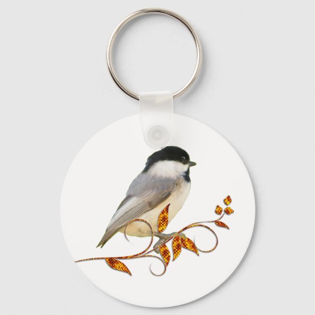 Chickadee on Jeweled Leaves Keychain (Front)