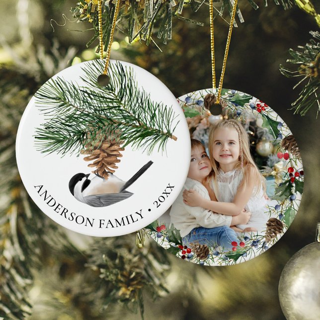 Chickadee on Pine Sprig Christmas Photo Wreath Ceramic Ornament (Creator Uploaded)