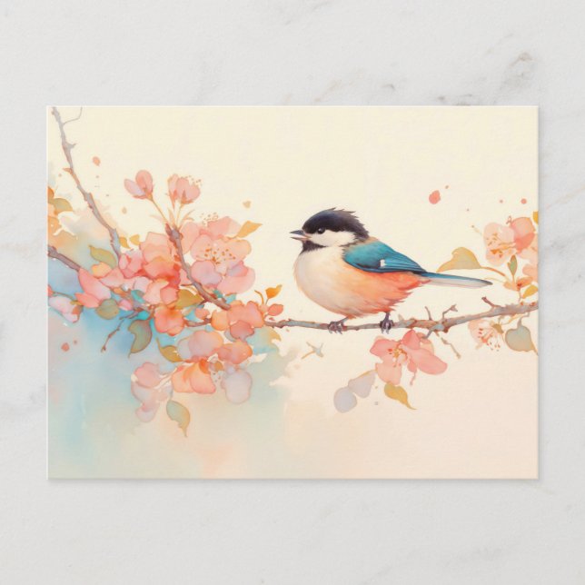Chickadee on Pink Spring Blossom Branch Postcard (Front)