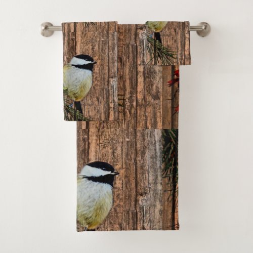 Chickadee on Rustic Barn Board Bath Towel Set