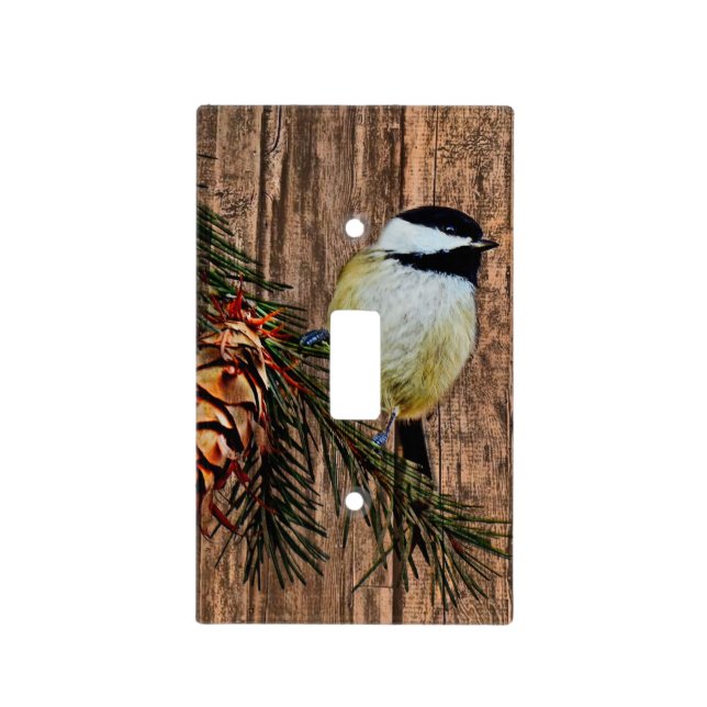 Chickadee on Rustic Barn Board Light Switch Cover (Front)