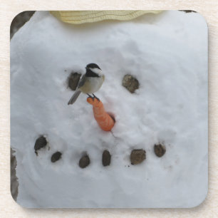 Chickadee on Snowman Carrot Nose Beverage Coaster