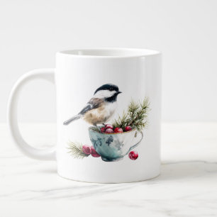 Chickadee on Teacup With Cranberries Giant Coffee Mug