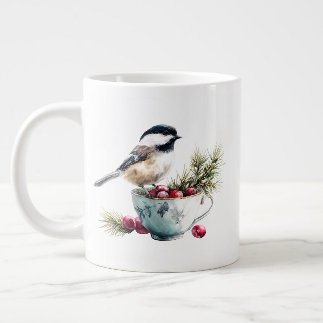 Chickadee on Teacup With Cranberries Giant Coffee Mug (Left)