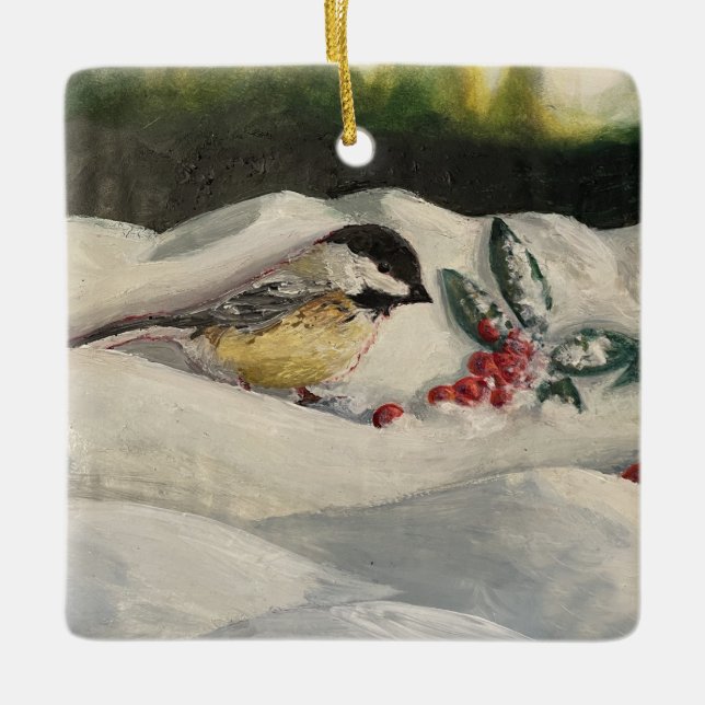 Chickadee on Winter Snow with MistleToe Ceramic Ornament (Front)