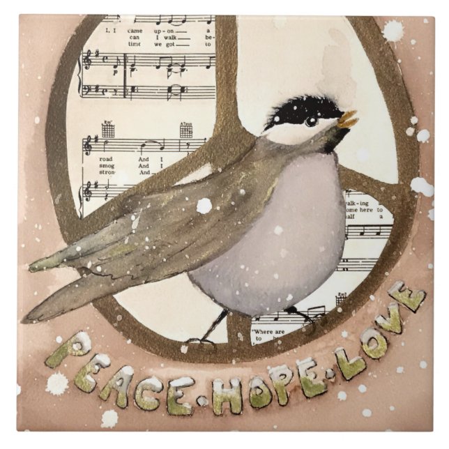 Chickadee Peace, Love, Hope Ceramic Kitchen Tile (Front)