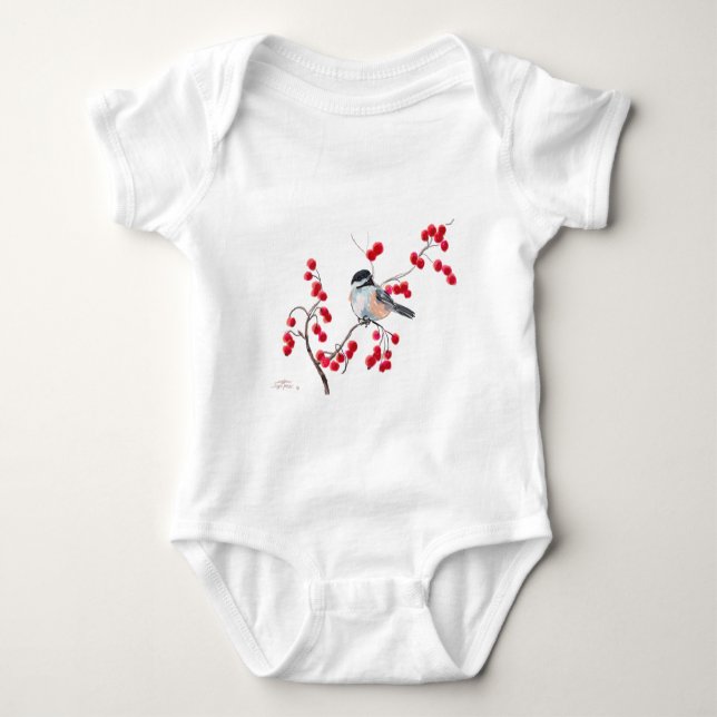 CHICKADEE & RED BERRIES by SHARON SHARPE Baby Bodysuit (Front)