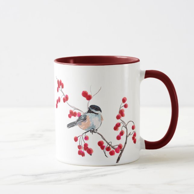 CHICKADEE & RED BERRIES by SHARON SHARPE Mug (Right)