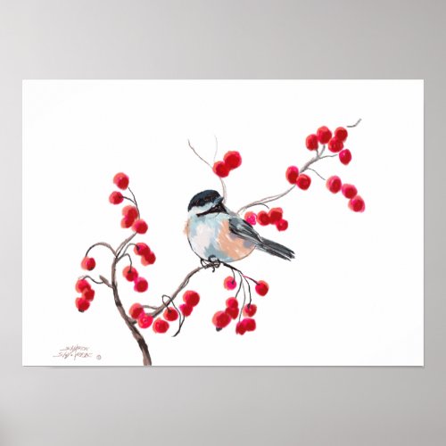 CHICKADEE  RED BERRIES by SHARON SHARPE Poster