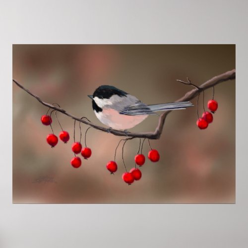 CHICKADEE  RED BERRIES by SHARON SHARPE Poster