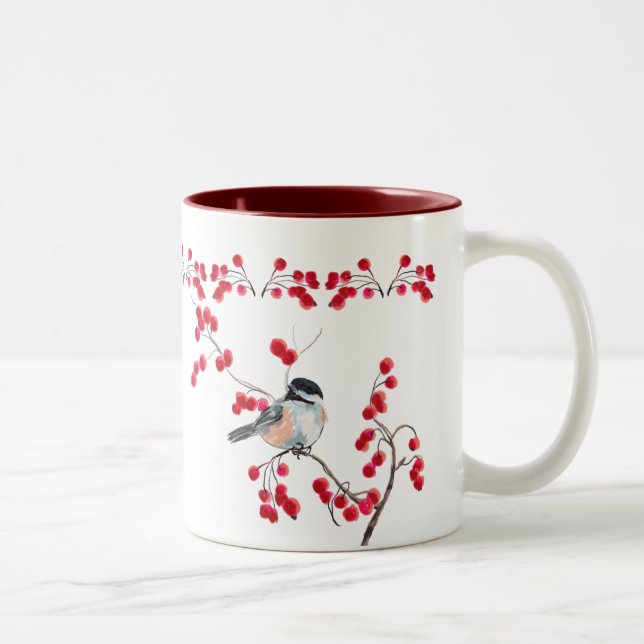 CHICKADEE & RED BERRIES by SHARON SHARPE Two-Tone Coffee Mug (Right)