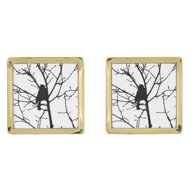 Chickadee Silhouette Love Bird Watching Gold Cufflinks (Front)