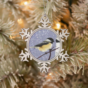 Chickadee Snowflake Pewter Christmas Ornament