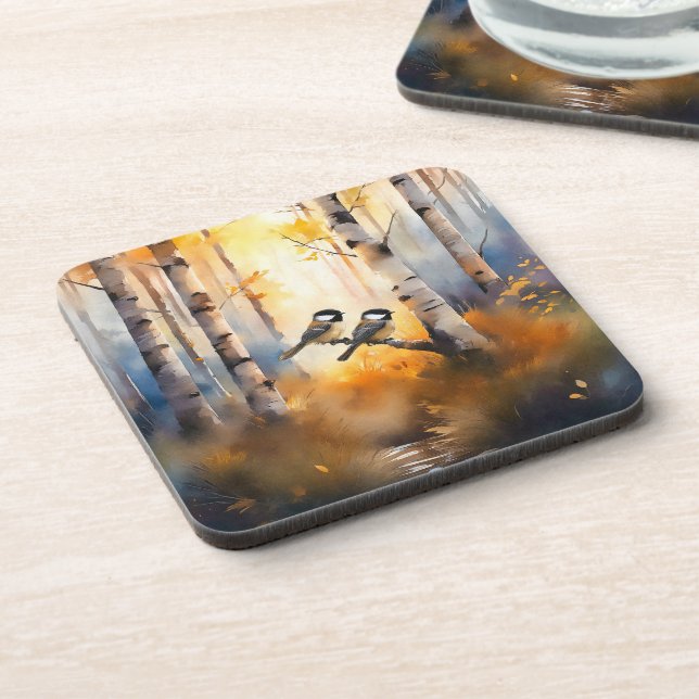Chickadee Song Birds in an Autumn Forest Beverage Coaster (Left Side)