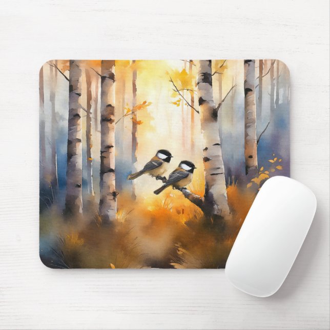 Chickadee Song Birds in an Autumn Forest Mouse Pad (With Mouse)