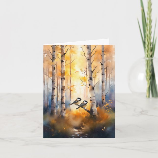 Chickadee Song Birds in an Autumn Forest Note Card (Front)
