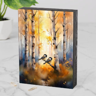 Chickadee Song Birds in an Autumn Forest Wooden Box Sign