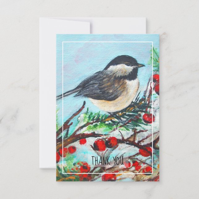 Chickadee-Sweet Winter Black-Capped Bird Thank You Card (Front)