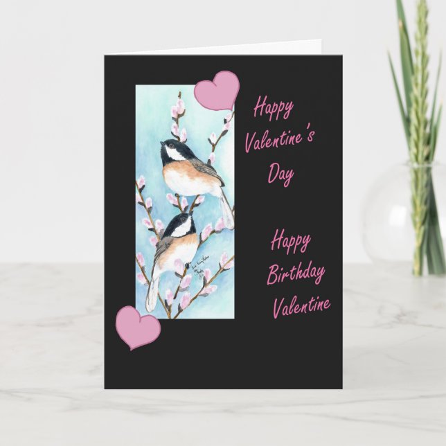Chickadee Valentine Birthday Holiday Card (Front)