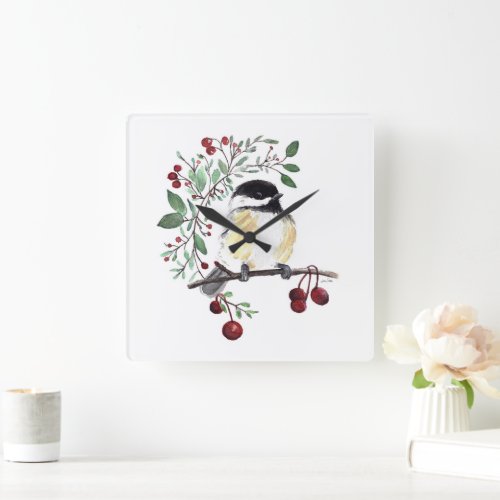 Chickadee Watercolor Bird Art Square Wall Clock