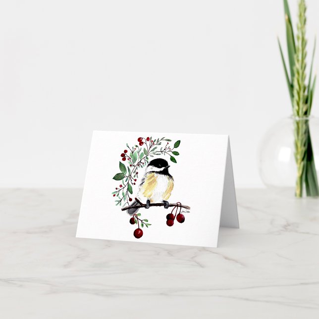 Chickadee Watercolor Charming Note Card (Cute chickadee watercolor with greenery and berries from Jenn Steffen Art)