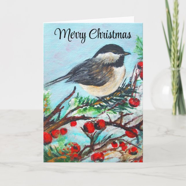 Chickadee Winter Merry Christmas Card (Front)
