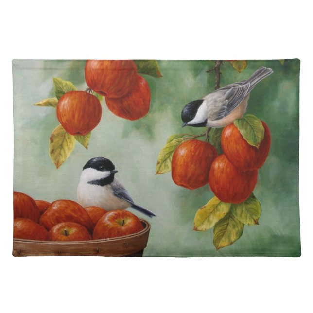 Chickadees and Apple Basket Cloth Placemat (Front)