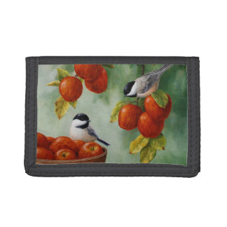 Chickadees and Apple Basket Tri-fold Wallet