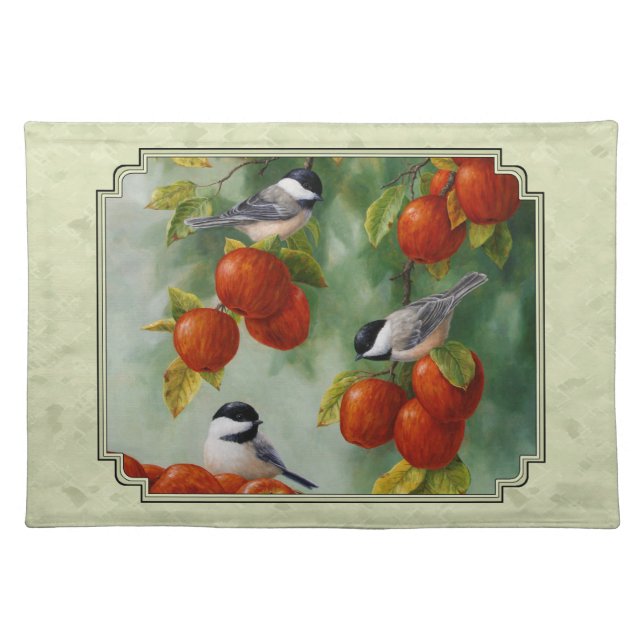 Chickadees and Apple Tree Green Cloth Placemat (Front)