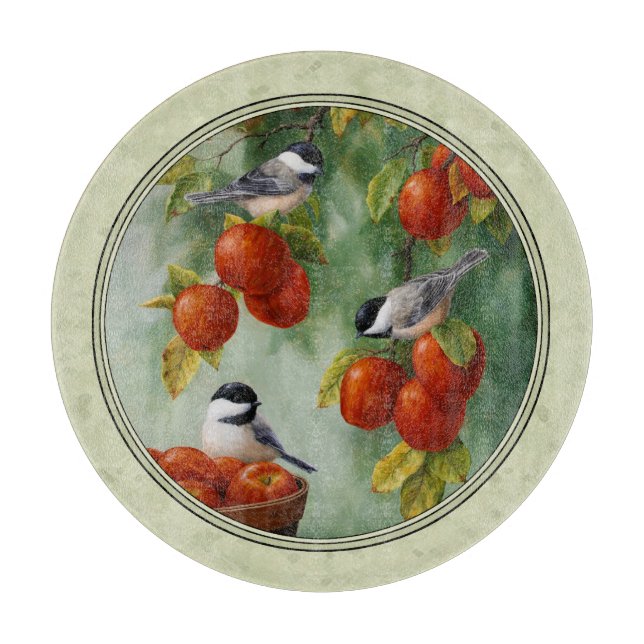 Chickadees and Apple Tree Green Cutting Board (Front)