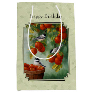 Chickadees and Apple Tree Green Medium Gift Bag