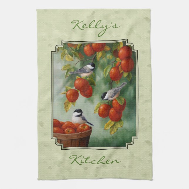 Chickadees and Apple Tree Green Towel (Vertical)