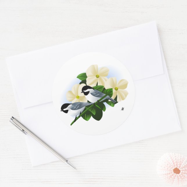 Chickadees and Dogwood Flower Classic Round Sticker (Envelope)