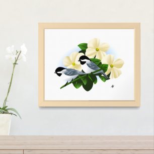 Chickadees and Dogwood Flower Framed Art