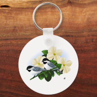 Chickadees and Dogwood Flower Keychain