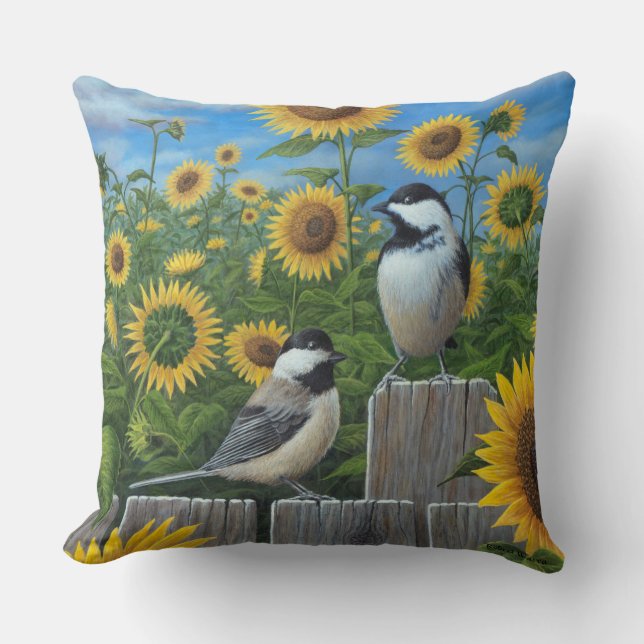 Chickadees and Sunflowers Throw Pillow (Front)