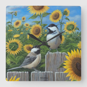Chickadees and Sunflowers Wall Clock