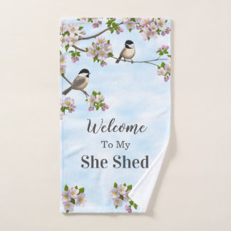 Chickadees & Apple Blossoms She Shed Personalize Bath Towel Set