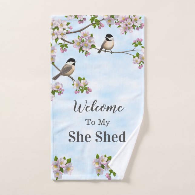 Chickadees & Apple Blossoms She Shed Personalize Bath Towel Set (Hand Towel)