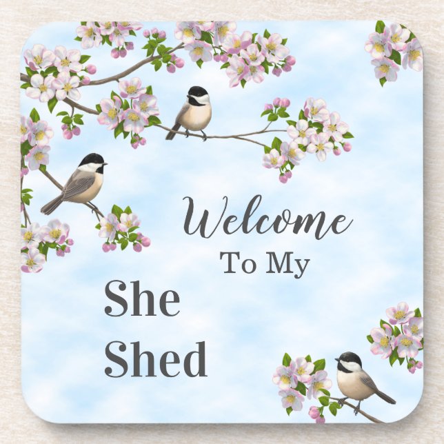Chickadees & Apple Blossoms She Shed Personalize Beverage Coaster (Front)