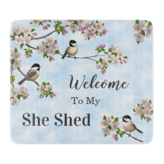 Chickadees & Apple Blossoms She Shed Personalize Cutting Board