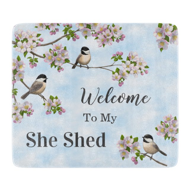 Chickadees & Apple Blossoms She Shed Personalize Cutting Board (Front)