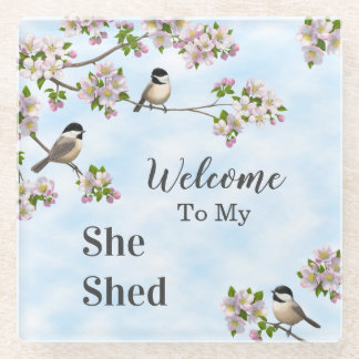 Chickadees & Apple Blossoms She Shed Personalize Glass Coaster