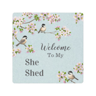 Chickadees & Apple Blossoms She Shed Personalize Metal Print