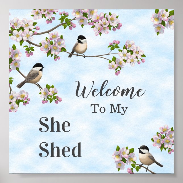 Chickadees & Apple Blossoms She Shed Personalize Poster (Front)