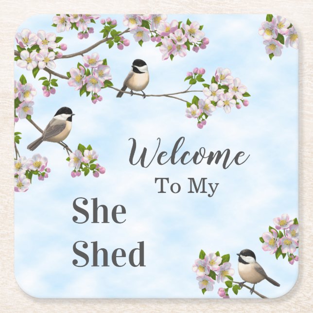 Chickadees & Apple Blossoms She Shed Personalize Square Paper Coaster (Front)