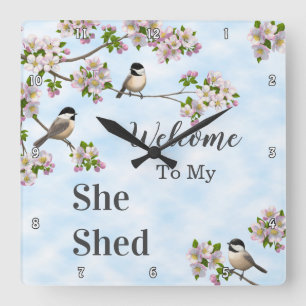 Chickadees & Apple Blossoms She Shed Personalize Square Wall Clock
