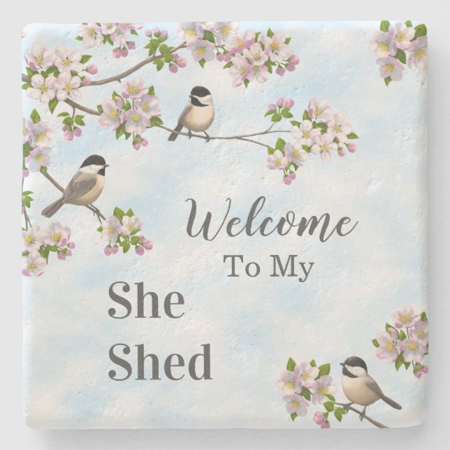 Chickadees & Apple Blossoms She Shed Personalize Stone Coaster (Front)