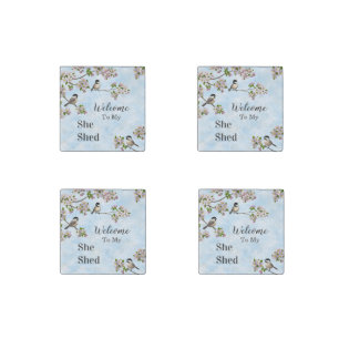 Chickadees & Apple Blossoms She Shed Personalize Stone Magnet